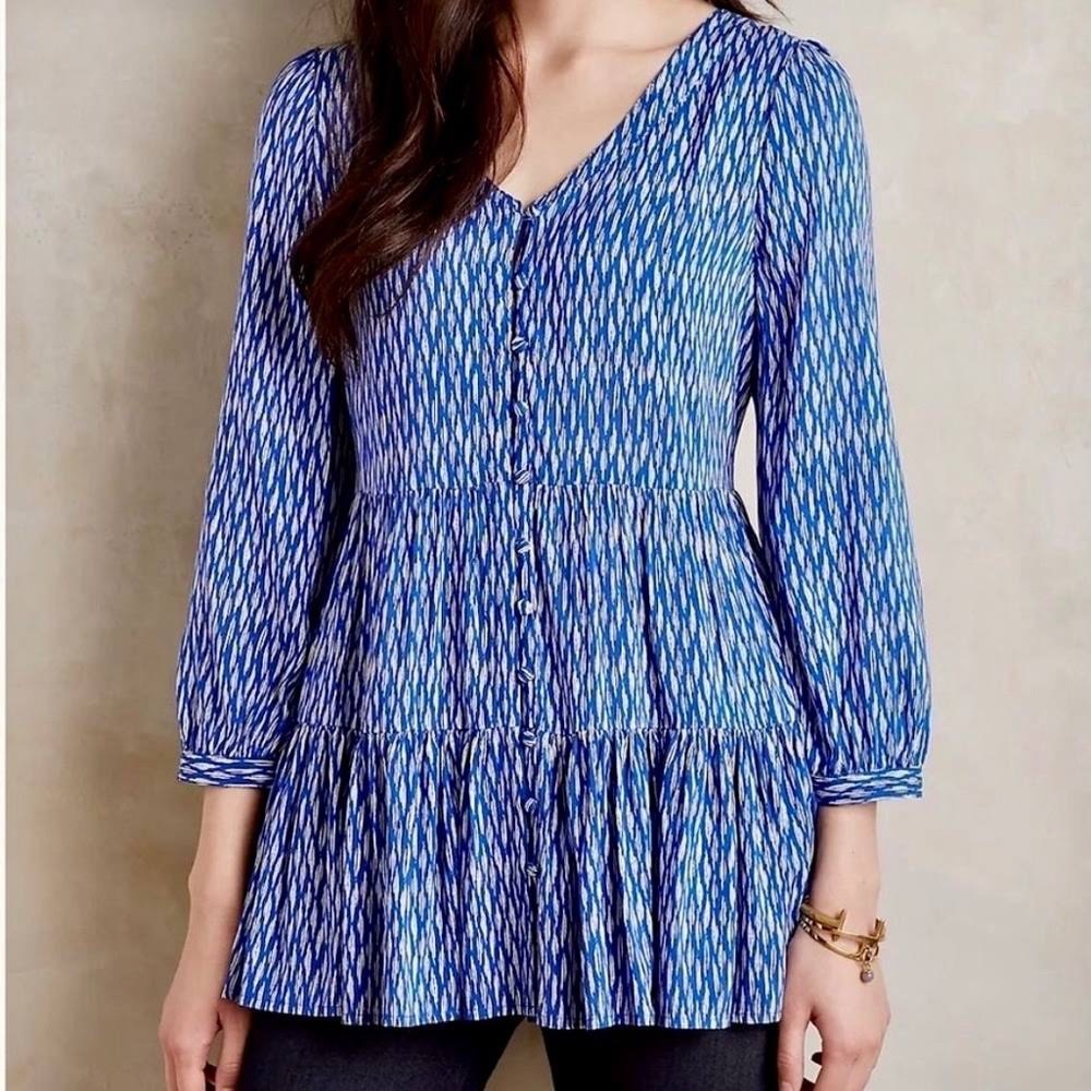 Anthropologie Maeve Lila Tiered Button Up Tunic Babydoll Blouse Size Small